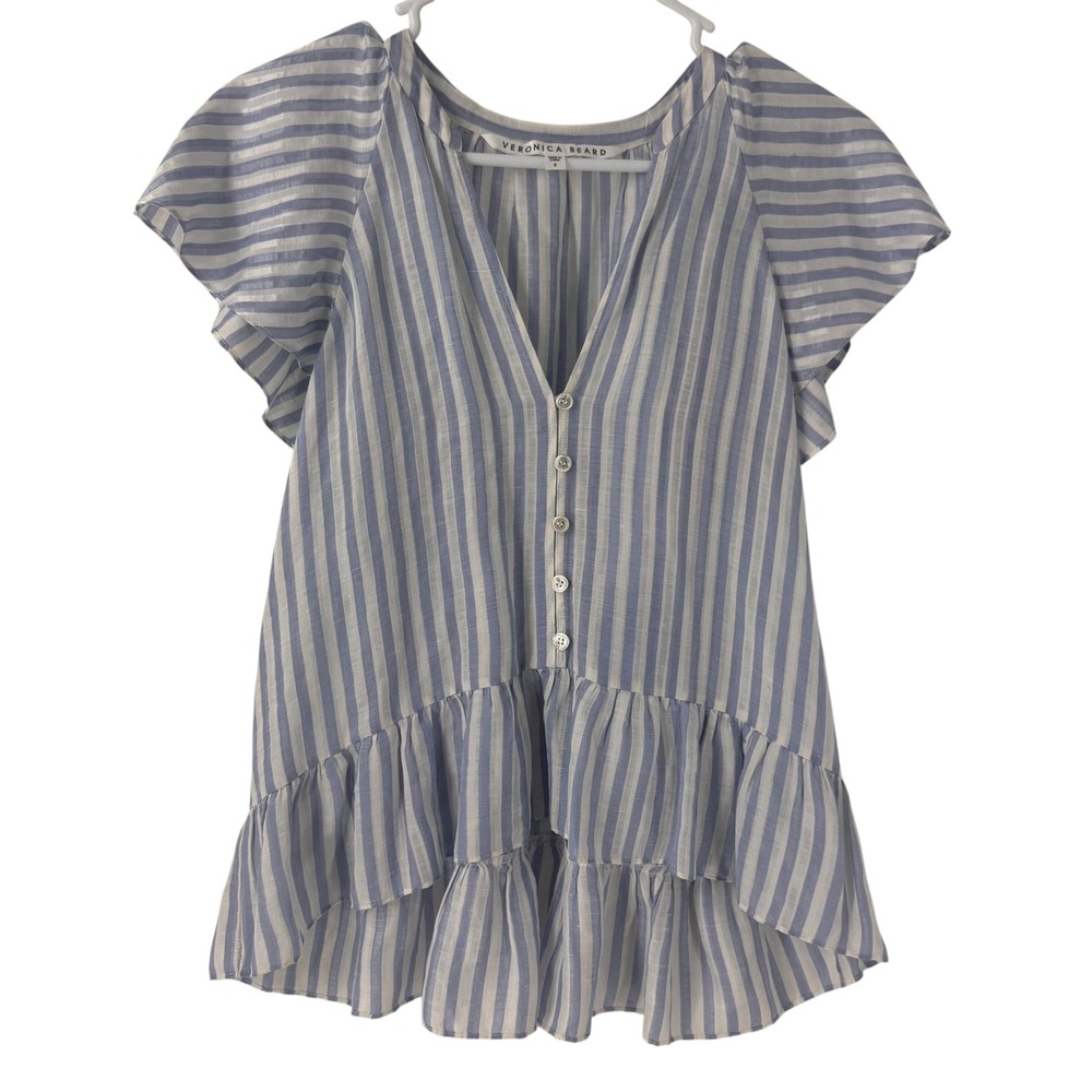 Veronica Beard Blue White Striped Linen Silk Flutter Sleeve Peplum Top 8 - Picture 5 of 9